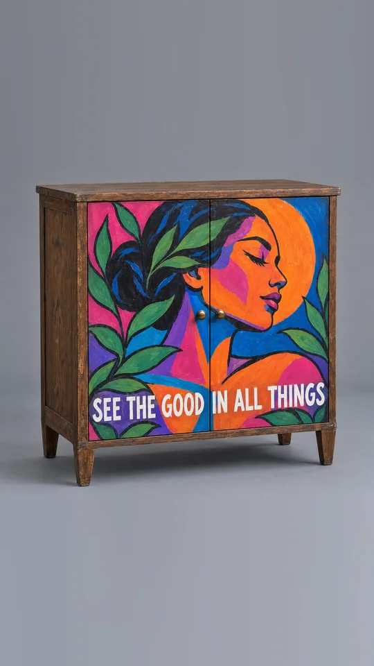 A painted cabinet with a bold mural and the words See the good in all things
