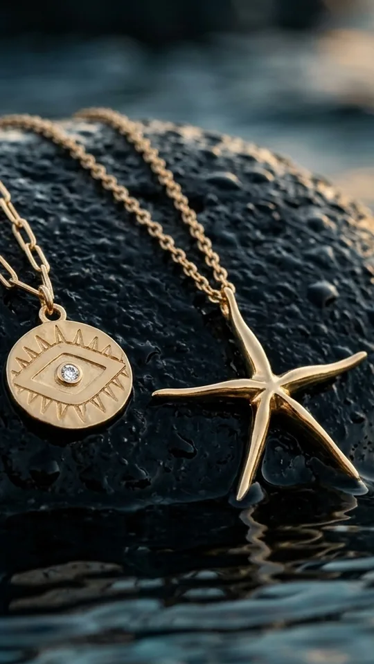 A gold evil eye medallion and a starfish charm on chains, resting on wet black stone