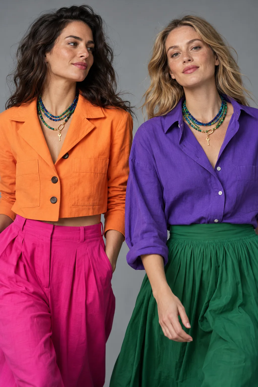 Concept render of two women in color-blocked linen: an orange cropped jacket with pink trousers, and a violet shirt with a green skirt, each wearing layered blue and green strands with a gold key charm