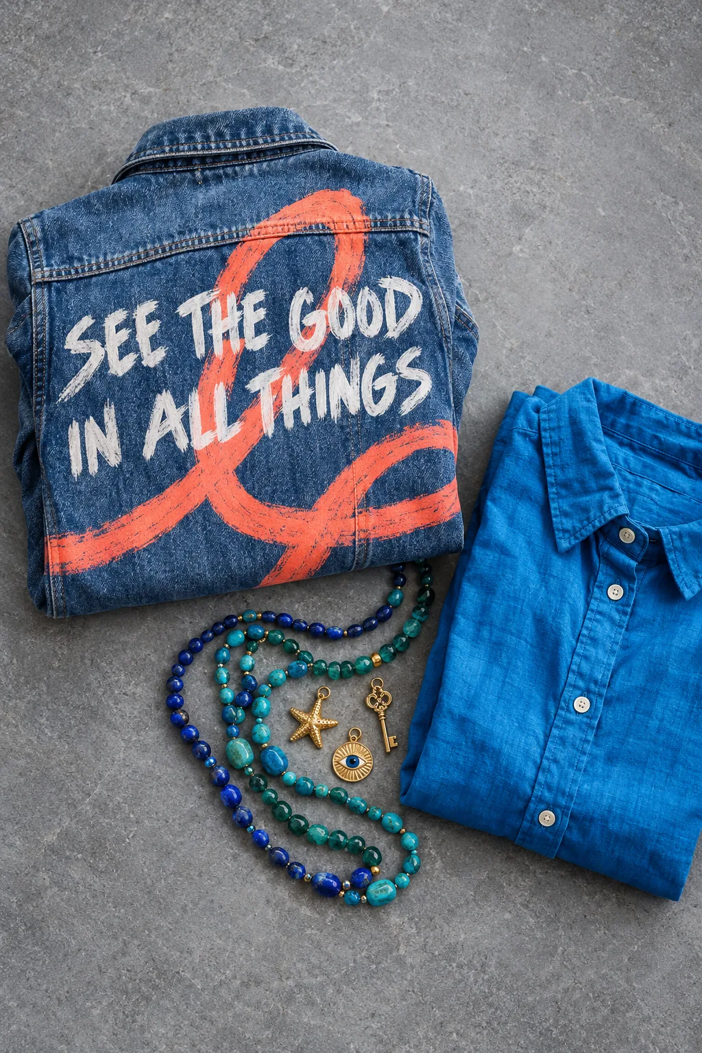 Concept render of a folded denim jacket painted with the words See the good in all things and a coral loop, beside a blue linen shirt and blue and green gemstone strands with gold charms