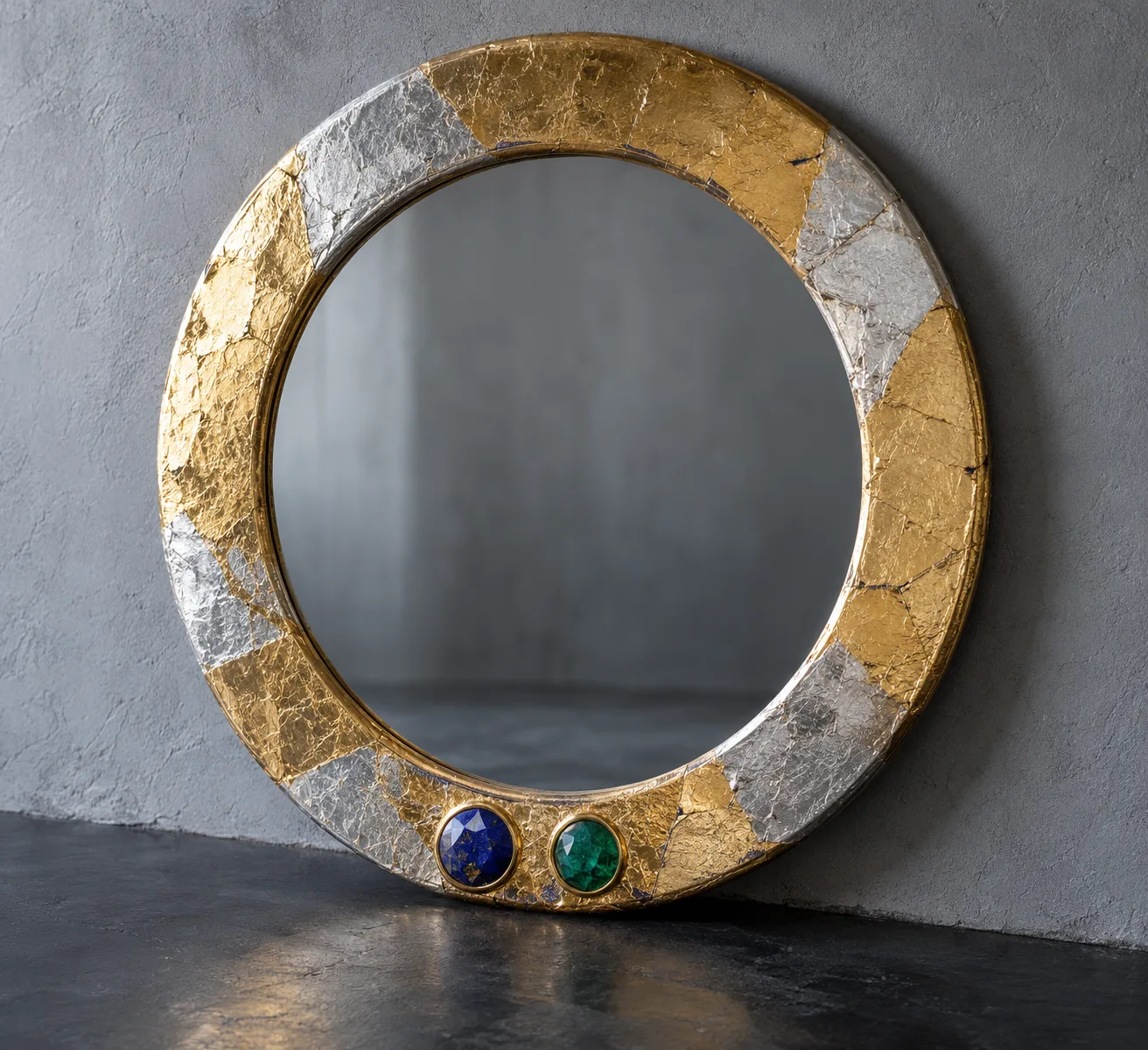 Concept render of a round mirror with a frame of cracked gold and silver leaf and two faceted stones, one blue and one green, set at the base