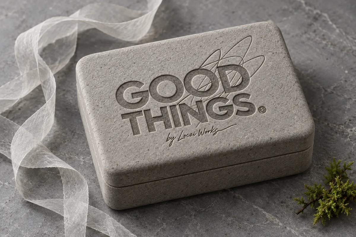 Concept render of the closed molded mushroom box with the GOOD THINGS mark embossed, beside a ribbon of rice paper and a sprig of moss